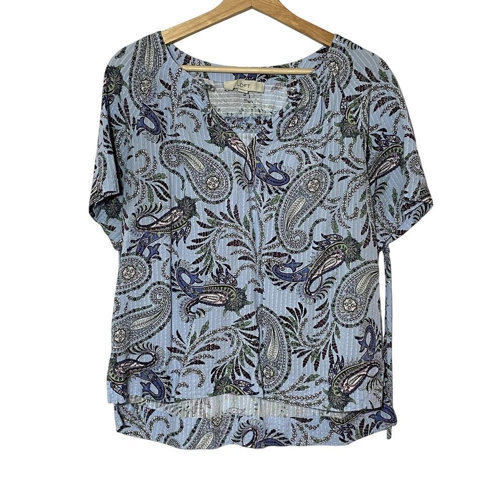 LOFT textured blue paisley 80s back cinch women's size M blouse rayon cotton